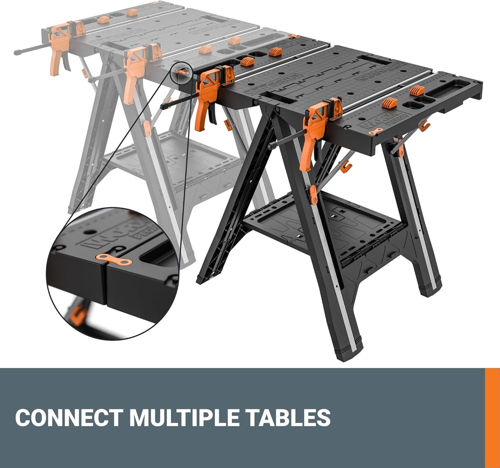 2026 2025 Table de Travail et Chevalet Pliant 2-en-1 Worx Pegasus, Banc de Travail Portable Facile à Installer, 31" L x 25" P x 32" H, Léger avec Haute Capacité de Charge, WX051 - Inclut 2 Serres et 4 Brides