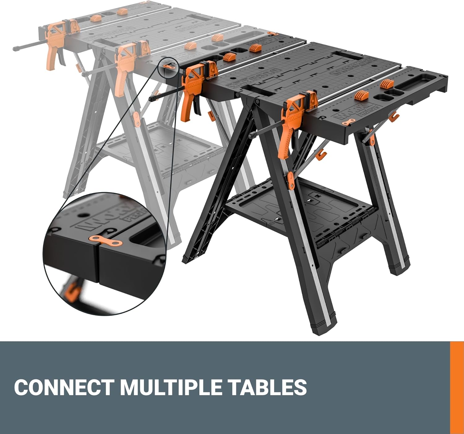 2026 2025 Table de Travail et Chevalet Pliant 2-en-1 Worx Pegasus, Banc de Travail Portable Facile à Installer, 31" L x 25" P x 32" H, Léger avec Haute Capacité de Charge, WX051 - Inclut 2 Serres et 4 Brides