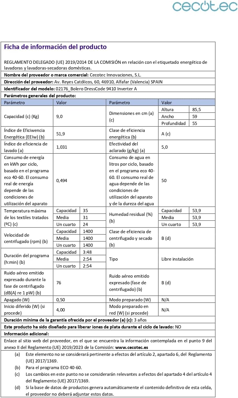 2026 Cecotec Lave-Linge 9Kg Chargement Frontal Bolero Dresscode 9410 Inverter A. 1900W, 1400 tr/min Réglable, 16 Programmes, Faible Consommation d'Énergie, Vapeur, Stérilisation du Linge