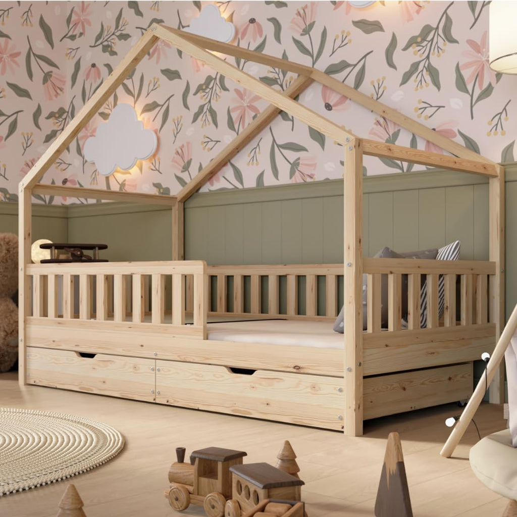 2026 Lit cabane Crazy Pine Crazy House avec tiroirs 190 x 90 cm &ndash; Lit enfant en bois naturel avec barri&egrave;re &ndash; Lit Montessori au sol avec rangement suppl&eacute;mentaire et barri&egrave;re amovible