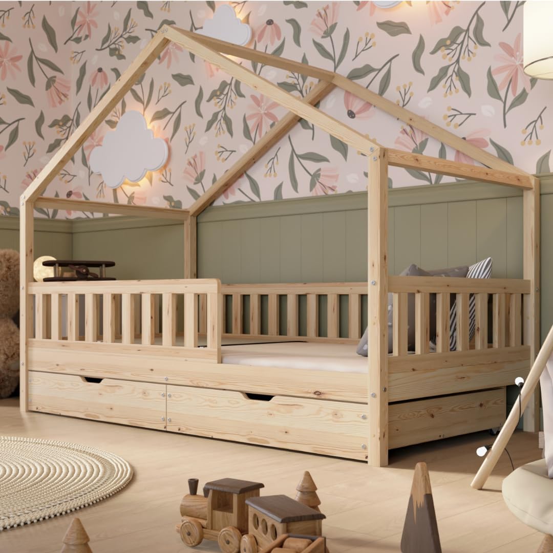 2026 Lit cabane Crazy Pine Crazy House avec tiroirs 190 x 90 cm &ndash; Lit enfant en bois naturel avec barri&egrave;re &ndash; Lit Montessori au sol avec rangement suppl&eacute;mentaire et barri&egrave;re amovible