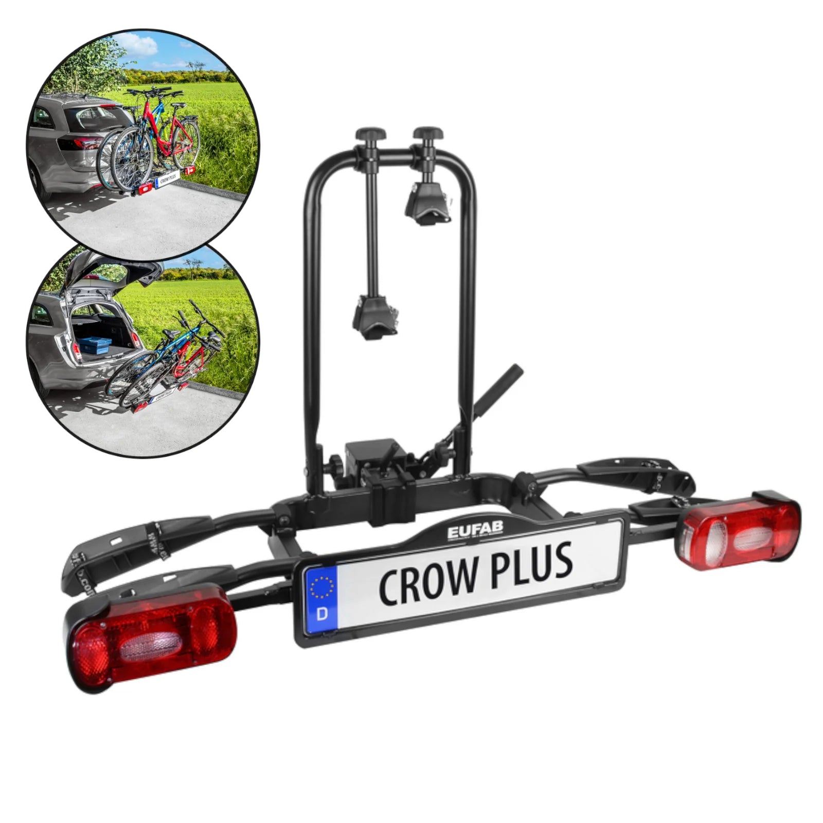 2026 2025 Porte-vélos EUFAB CROW PLUS pour Attelage – Transport de 2 vélos / Vélos électriques jusqu'à 50 kg, Pliable
