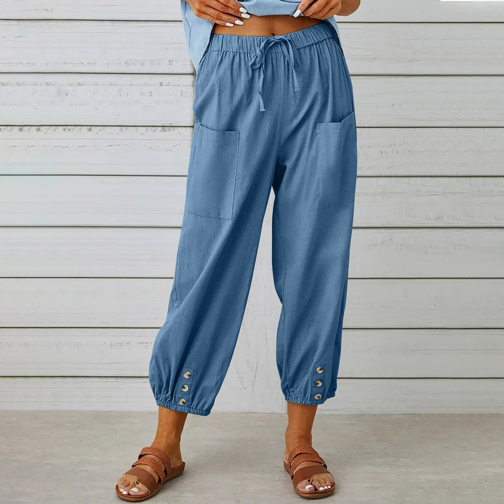 Pantalon à cordon à nouer en coton et lin poches décontracté pour femme