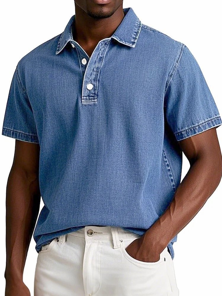Polo couleur unie vintage manches courtes à revers décontracté pour homme