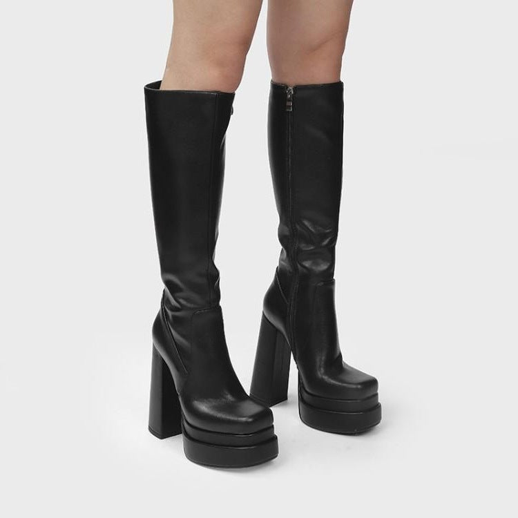 Womens American Platform Thick High Heel Boots | Thick Sole Leather Shoes - LAKD London