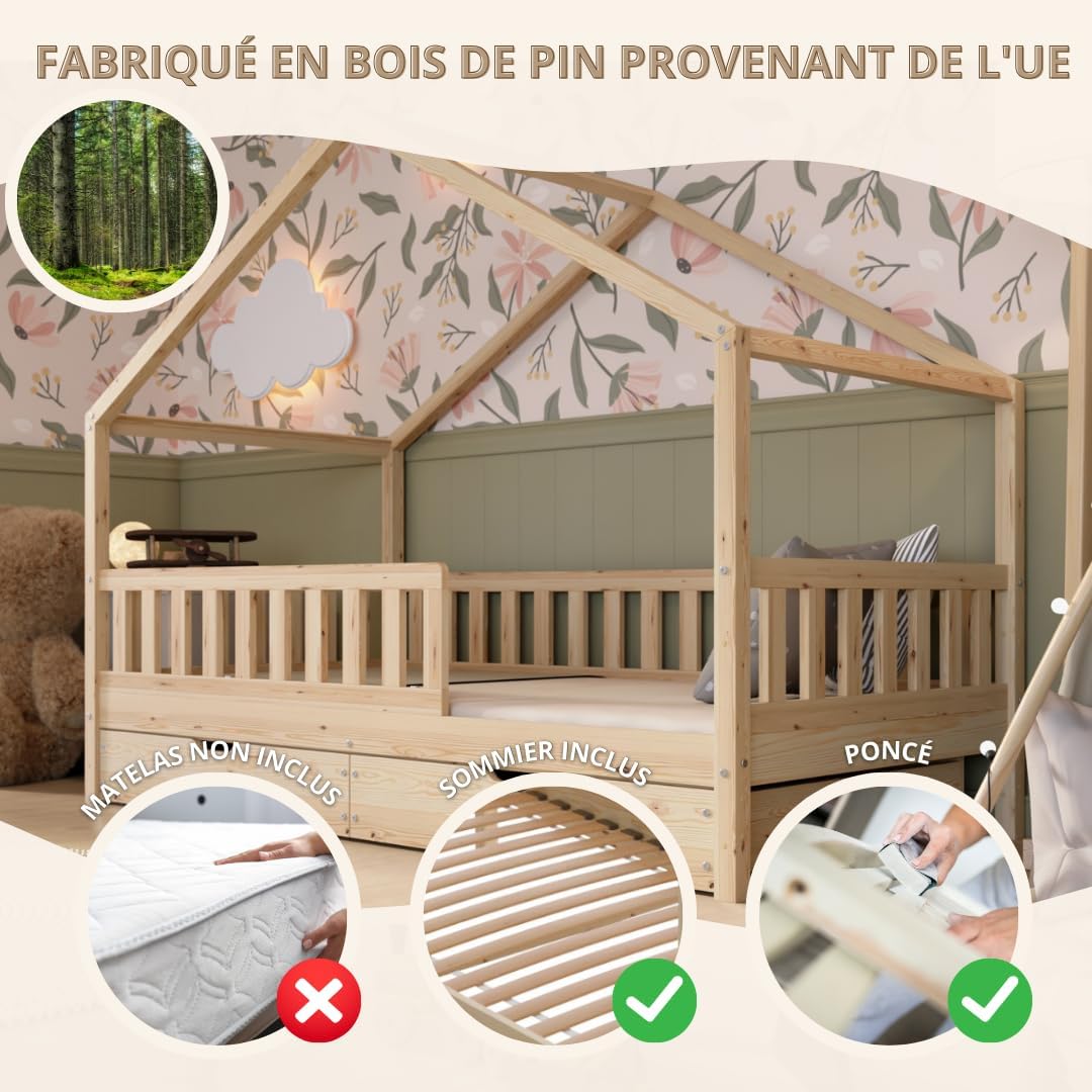 2026 Lit cabane Crazy Pine Crazy House avec tiroirs 190 x 90 cm &ndash; Lit enfant en bois naturel avec barri&egrave;re &ndash; Lit Montessori au sol avec rangement suppl&eacute;mentaire et barri&egrave;re amovible