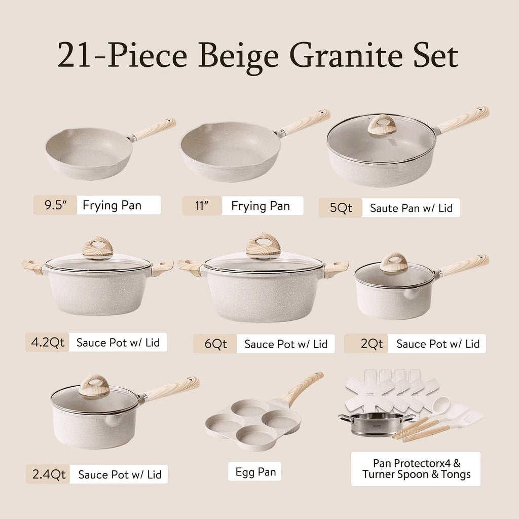 2026 CAROTE Ensemble de casseroles et poêles antiadhésives, Batterie de cuisine induction 21 pièces (Granit beige)