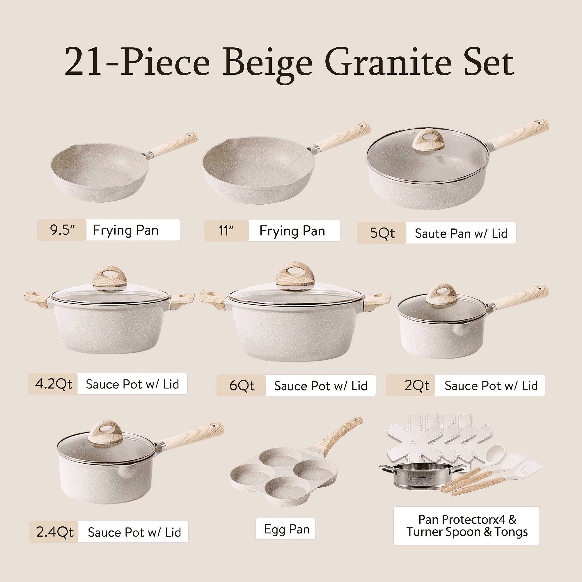2026 CAROTE Ensemble de casseroles et poêles antiadhésives, Batterie de cuisine induction 21 pièces (Granit beige)