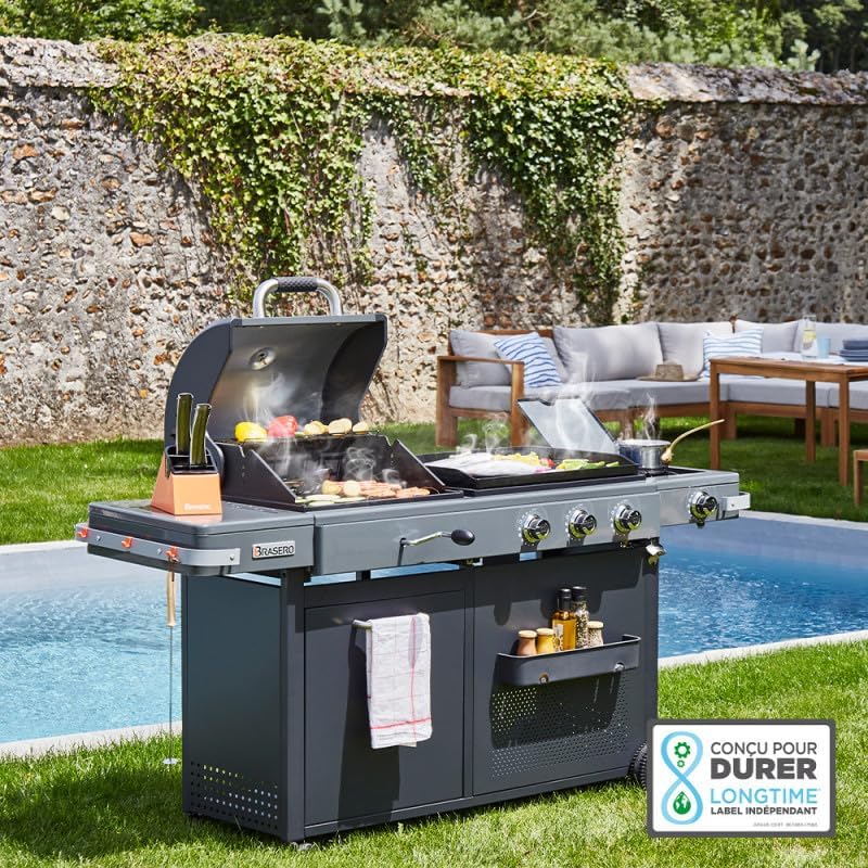 2026 Barbecue Bi-Energy Gun Metal XL - Barbecue Charbon et Plancha 60 x 42 cm à gaz avec brûleur latéral -12,95 KW