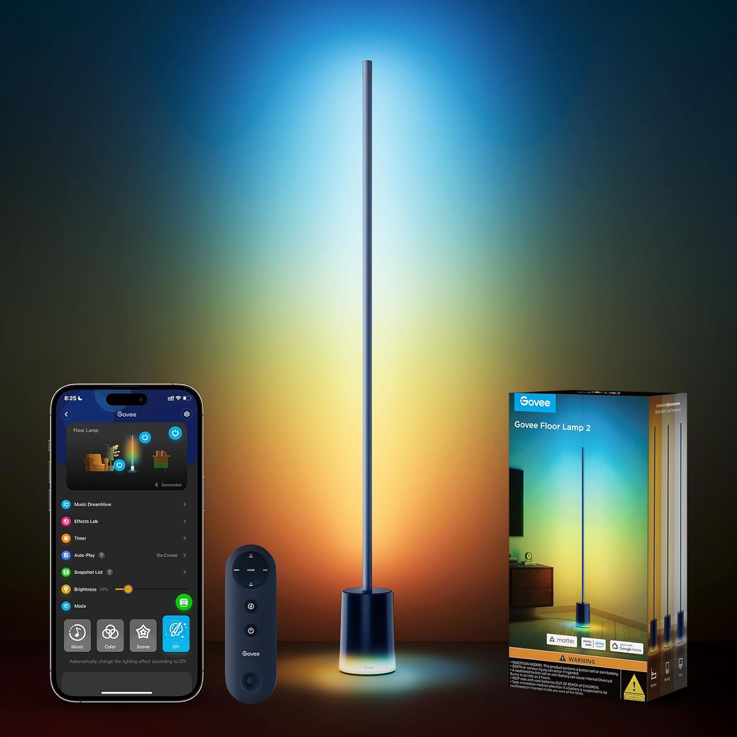 2026 2025 Lampadaire Govee 2 avec Matter, LED RGBIC, Blanc Chaud et Froid, Compatible Alexa, 1725 lm, Synchronisation Musique, Modes Scènes, Lampadaire Intelligent pour Salon et Chambre, Noir (1 Pièce)