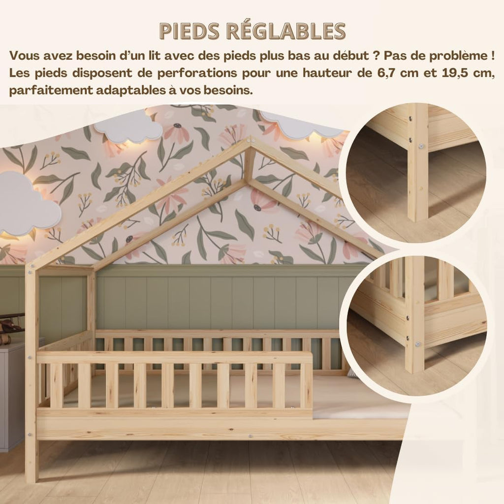 2026 Lit cabane Crazy Pine Crazy House avec tiroirs 190 x 90 cm &ndash; Lit enfant en bois naturel avec barri&egrave;re &ndash; Lit Montessori au sol avec rangement suppl&eacute;mentaire et barri&egrave;re amovible