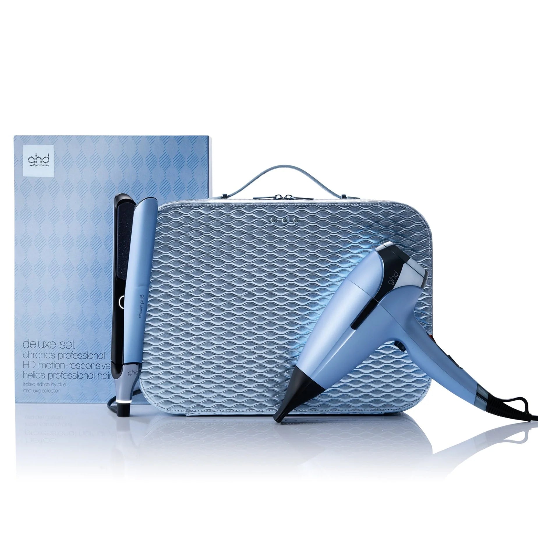 2026 2025 Coffret Cadeau Deluxe ghd - Lisseur Chronos & Sèche-Cheveux Helios en Bleu Icy