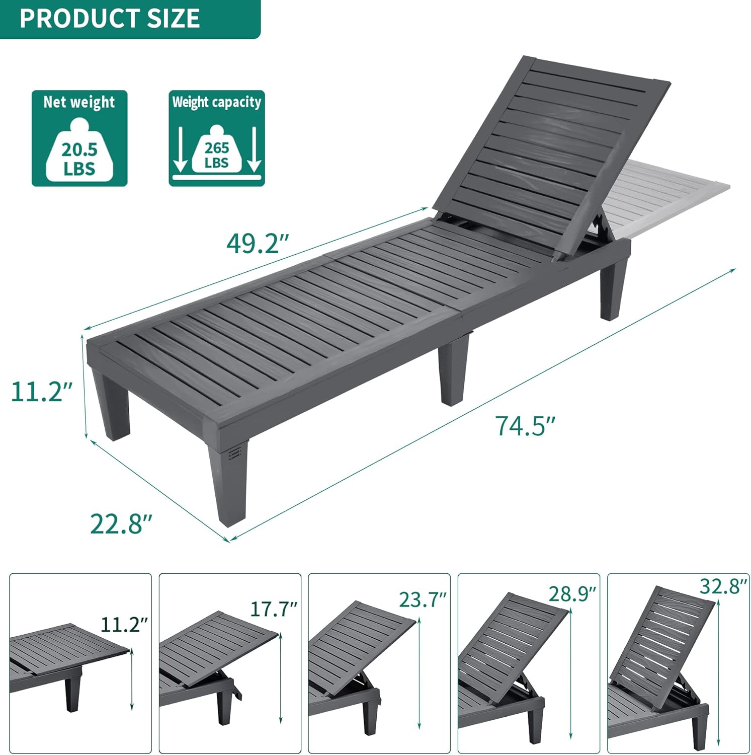 2026 Chaiselongue-Stühle für den Außenbereich, 4er-Set mit verstellbarer Rückenlehne, stabile Liegen für Terrasse und Poolrand, einfache Montage, wasserdicht und leicht mit einer Tragfähigkeit von 120 kg, schwarz