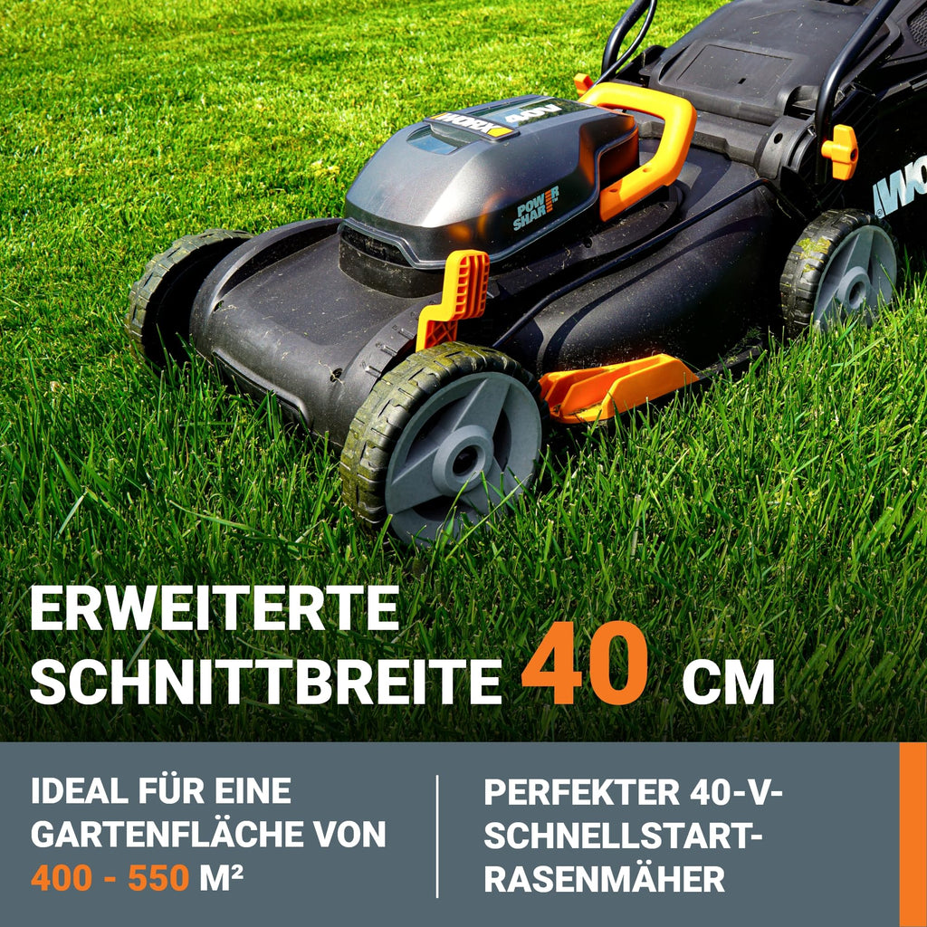 2026 WORX WG743E Akku-Rasenmäher 40V – Profi Rasenmäher mit Mulchfunktion & PowerShare Akku – Rasenmähen ohne Kabel – Ideal für Gärten bis zu 500m²