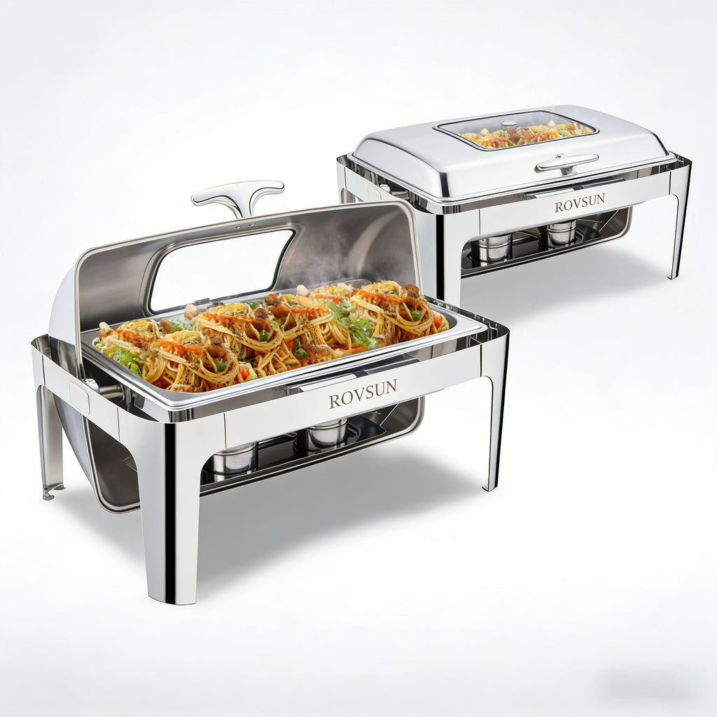 2026 9 QT Roll Top Rectangle Chafing Dish Set with Full Size Pan & Visible Window