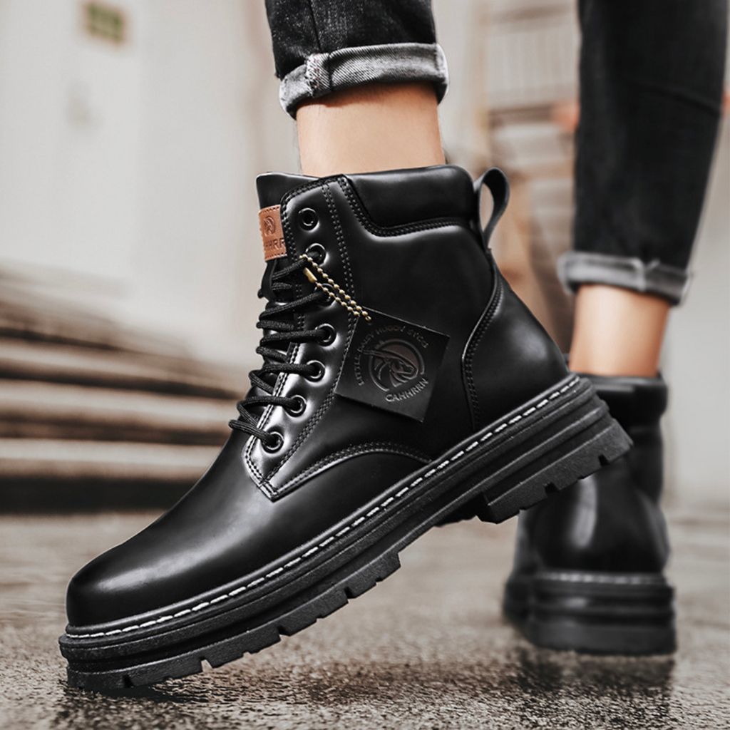 Men's waterproof leather hiking combat boots by LAKD with rugged sole, durable outdoor footwear for rugged terrain.