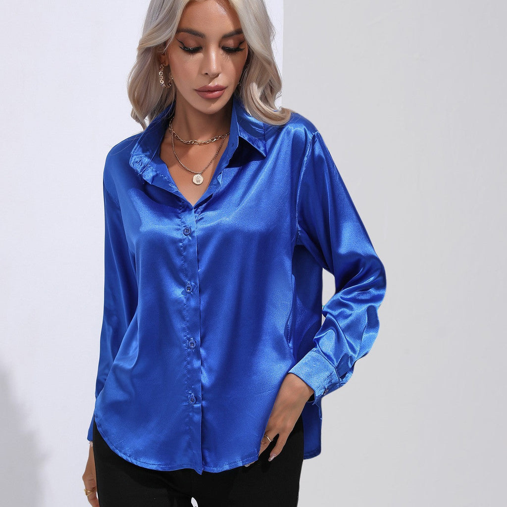 Women's Premium Satin Solid Color Button Front Lapel Blouse Shirt - LAKD London