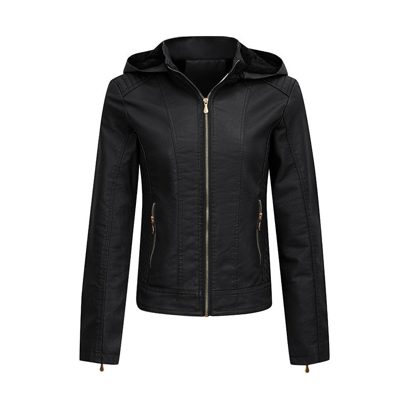 Veste peluche à capuche en cuir coupe ajustée hiver chaud pour femme