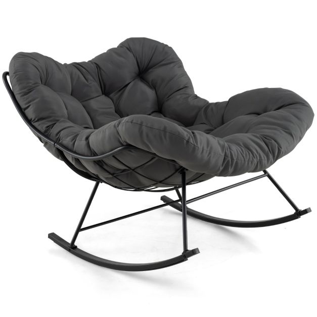 2026 Chaise à Bascule d'Intérieur et d'Extérieur Chaise Papasan Surdimensionnée avec Coussin Rembourré & Cadre en Métal Capacité 205 Kg Gris