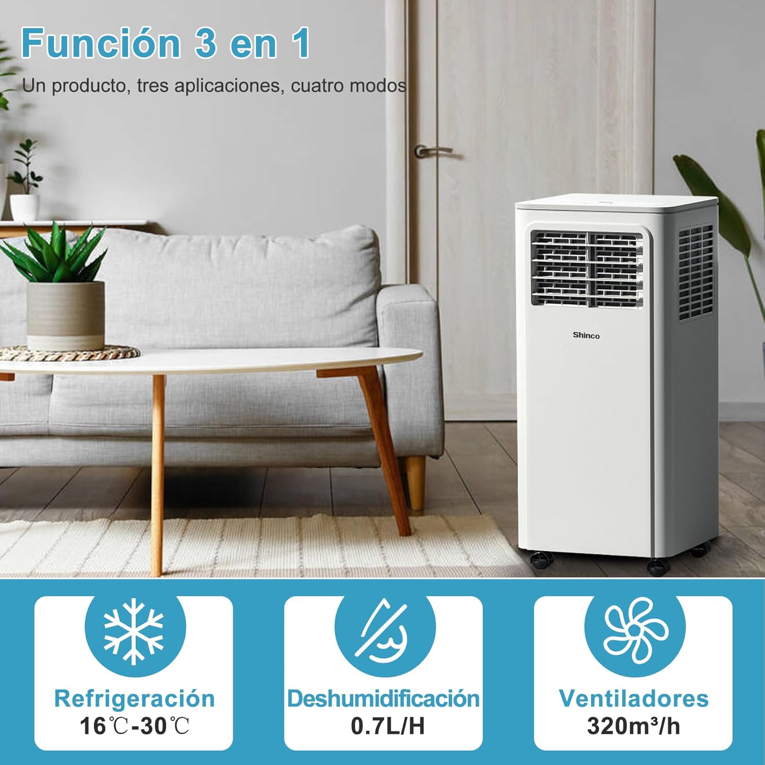 2026 SHINCO Climatiseur mobile, 7000 BTU 2,05kW, Refroidir&Ventilation&Déshumidification, taille de la pièce jusqu'à 54m³(18㎡), Climatiseur mobile avec tuyau d'évacuation et tuyau de vidange, mode sommeil
