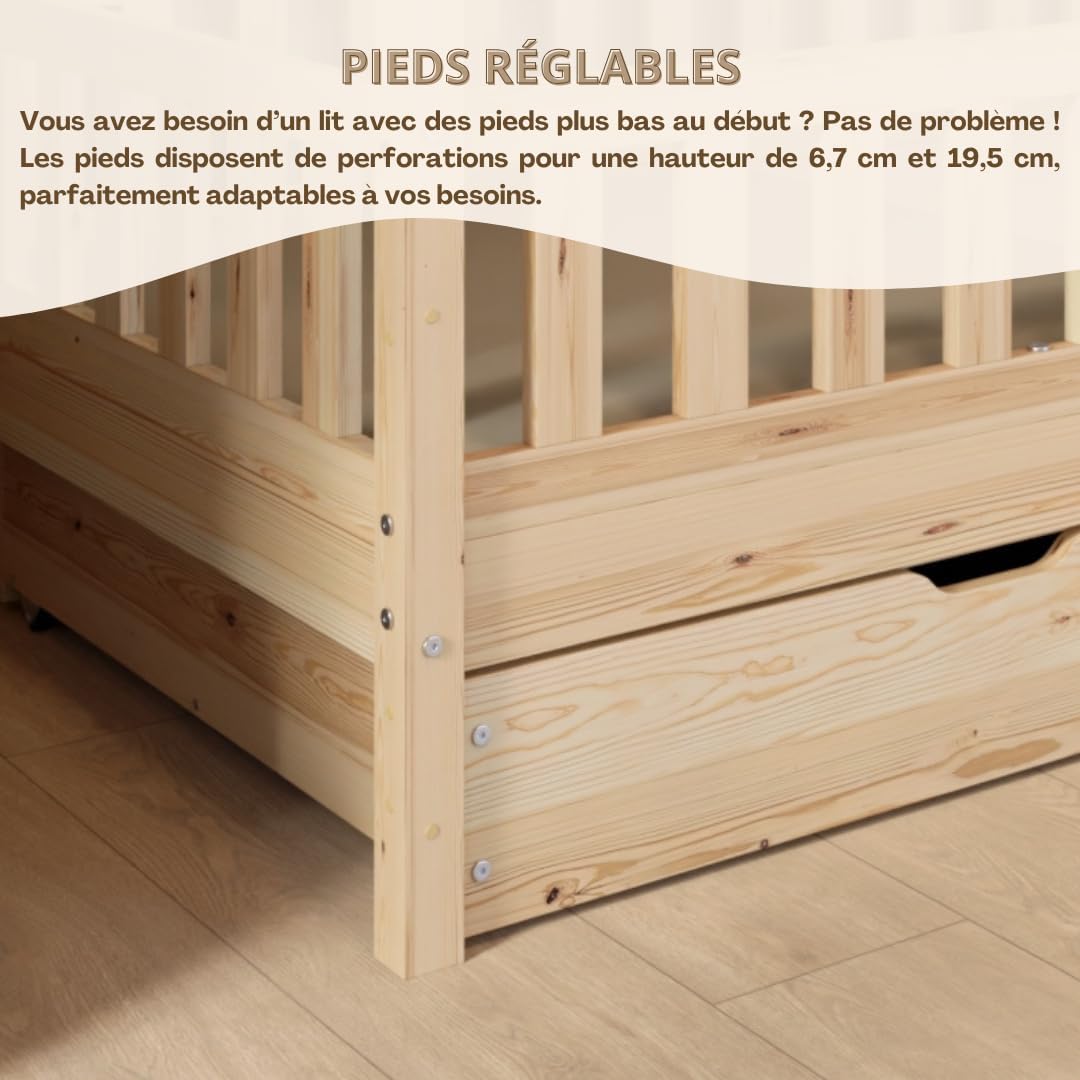 2026 Lit cabane Crazy Pine Crazy House avec tiroirs 190 x 90 cm &ndash; Lit enfant en bois naturel avec barri&egrave;re &ndash; Lit Montessori au sol avec rangement suppl&eacute;mentaire et barri&egrave;re amovible