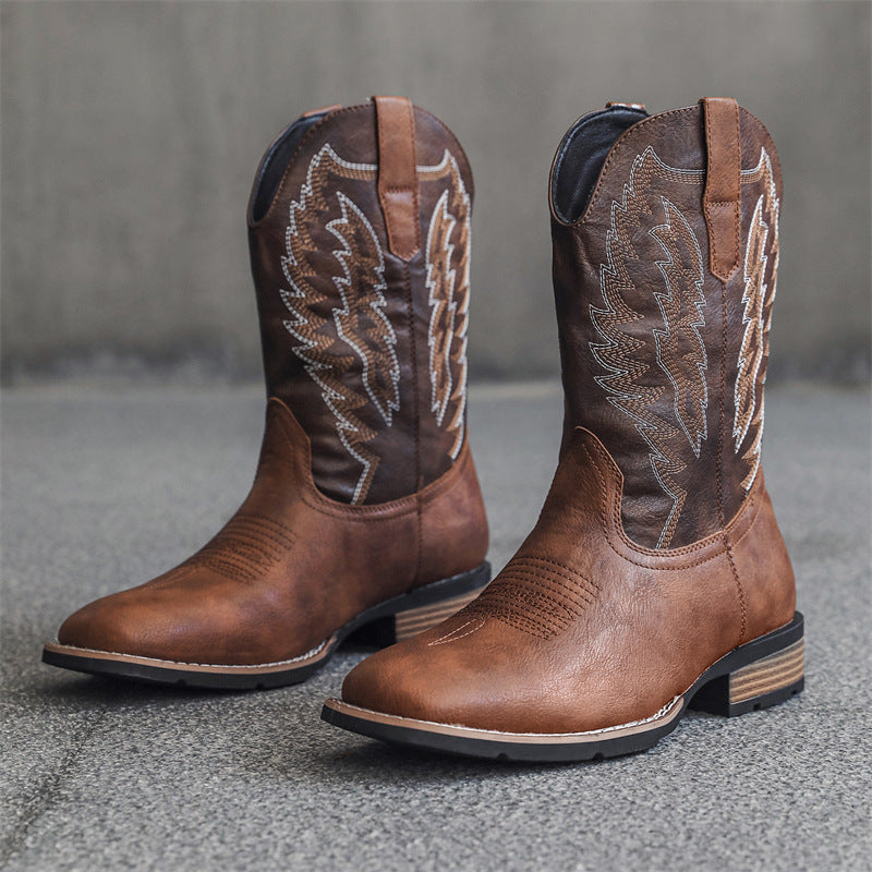 Bottes style western en denim brodé en cuir tendance confortable pour homme
