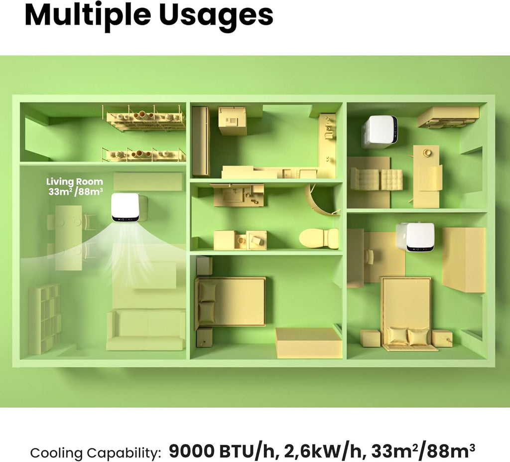 2026 Climatiseur Mobile 9000 BTU/h 2,6kW, 3-EN-1 Refroidisseur Déshumidificateur Ventilateur, Fonction Follow me, Minuterie, Mode nuit, Pour salon et maison de 33㎡/88m³, MPPH-09CRN7, R290