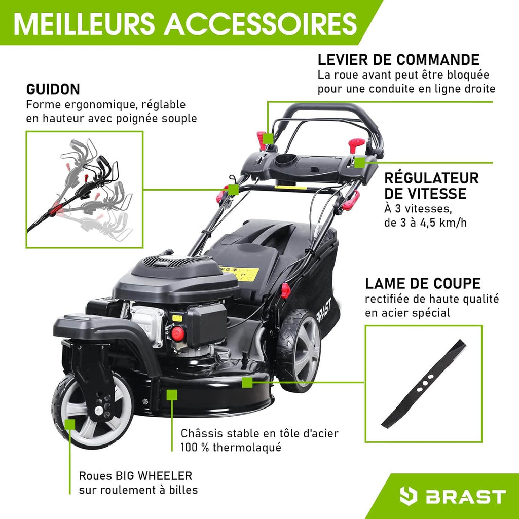 2026 BRAST tondeuse thermique 3 roues TRIKE E-START 224cc 53cm tractée démarrage électrique mulching 4en1 capot en tôle en acier 60l - moteur 4 temps de la marque française GT reglable