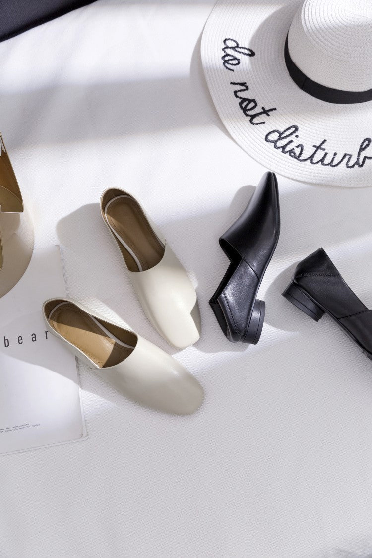 Women's Flat Sole Cowhide Shoes | Low-heel Deep Mouth Square Head Shoes - LAKD London