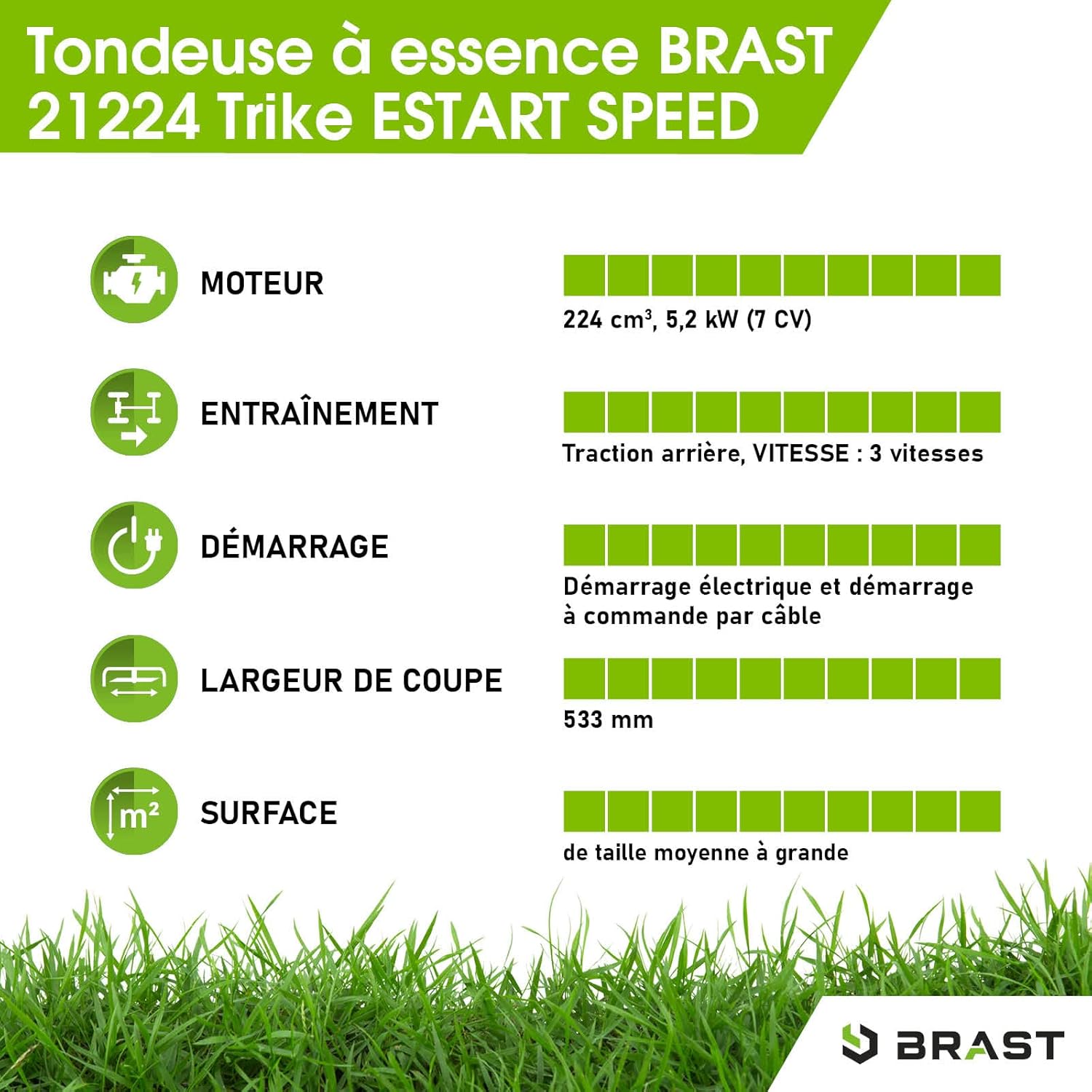 2026 BRAST tondeuse thermique 3 roues TRIKE E-START 224cc 53cm tractée démarrage électrique mulching 4en1 capot en tôle en acier 60l - moteur 4 temps de la marque française GT reglable