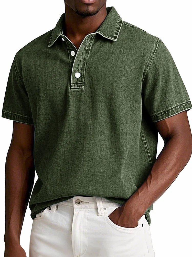 Polo couleur unie vintage manches courtes à revers décontracté pour homme