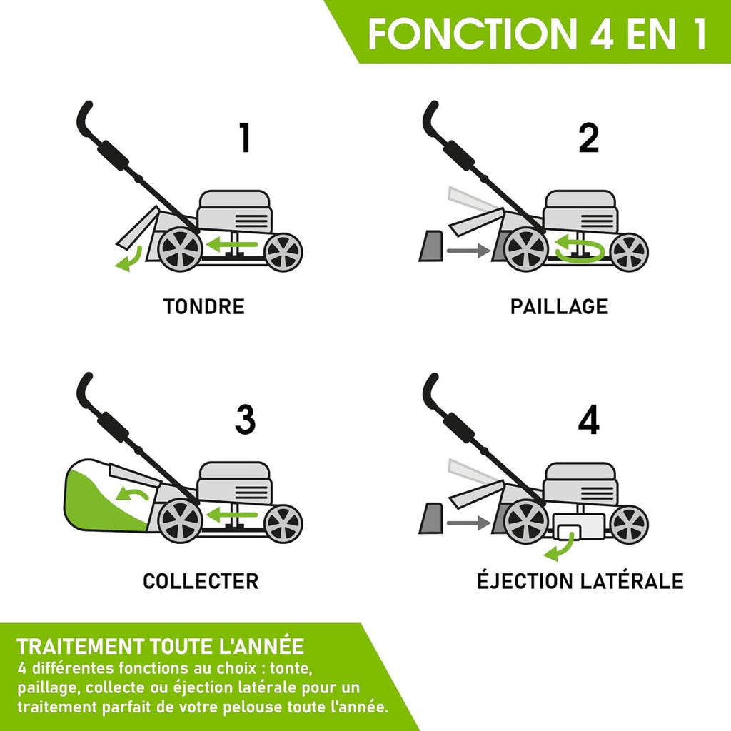 2026 BRAST tondeuse thermique 3 roues TRIKE E-START 224cc 53cm tractée démarrage électrique mulching 4en1 capot en tôle en acier 60l - moteur 4 temps de la marque française GT reglable
