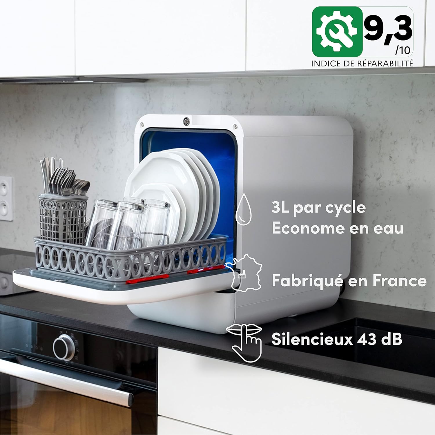 2026 DAAN TECH Bob - Lave-vaisselle Compact 3 Couverts Encastrable - Pose Libre, Avec Réservoir, Portable - Séchage Naturel - Assiette 29 cm - Label Origine France Garantie, Eco-Conçu (Blanc-Rouge)