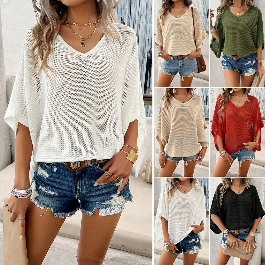 Women's V-Neck Short Sleeve Sweater Dolman Casual Soft Top - LAKD London
