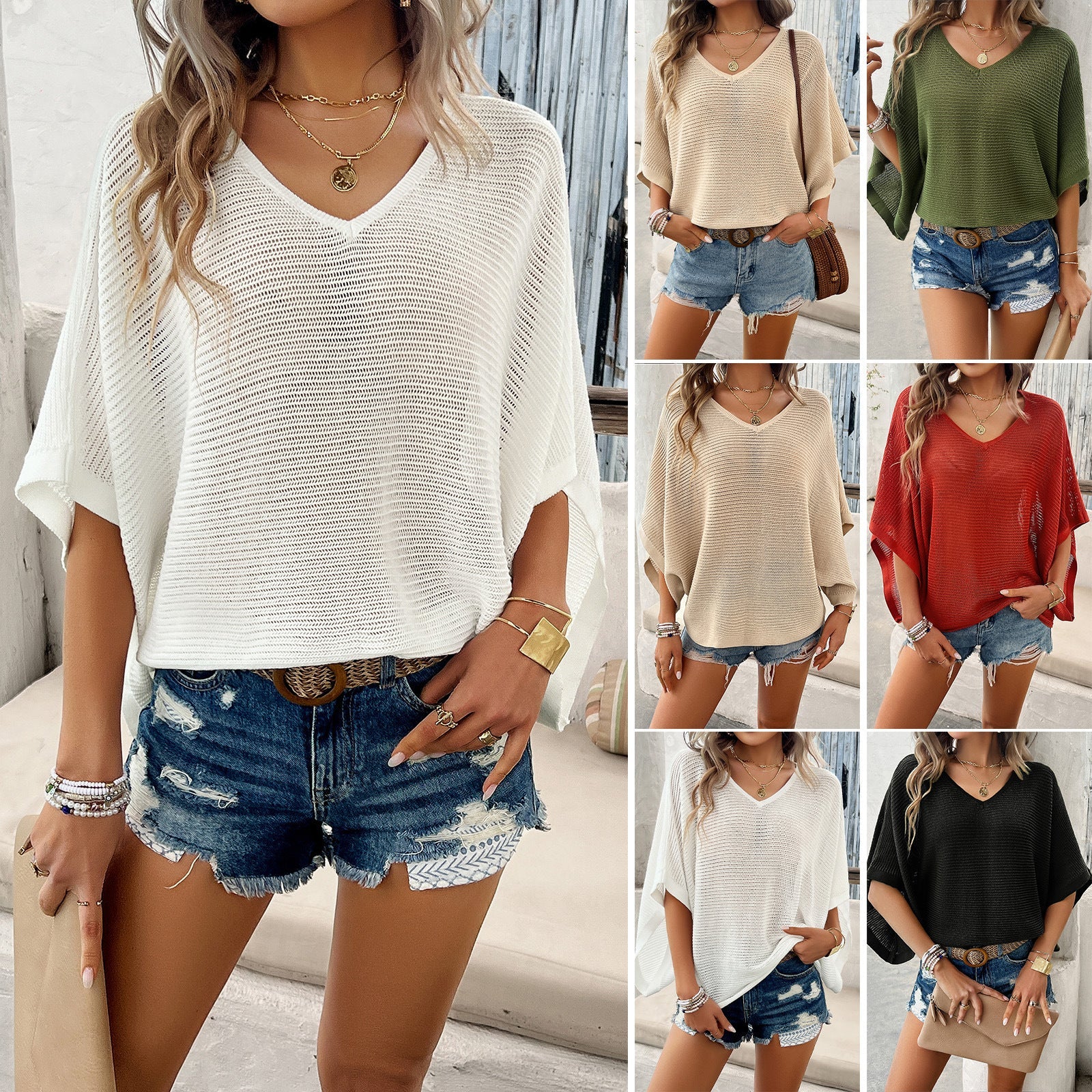 Women's V-Neck Short Sleeve Sweater Dolman Casual Soft Top - LAKD London
