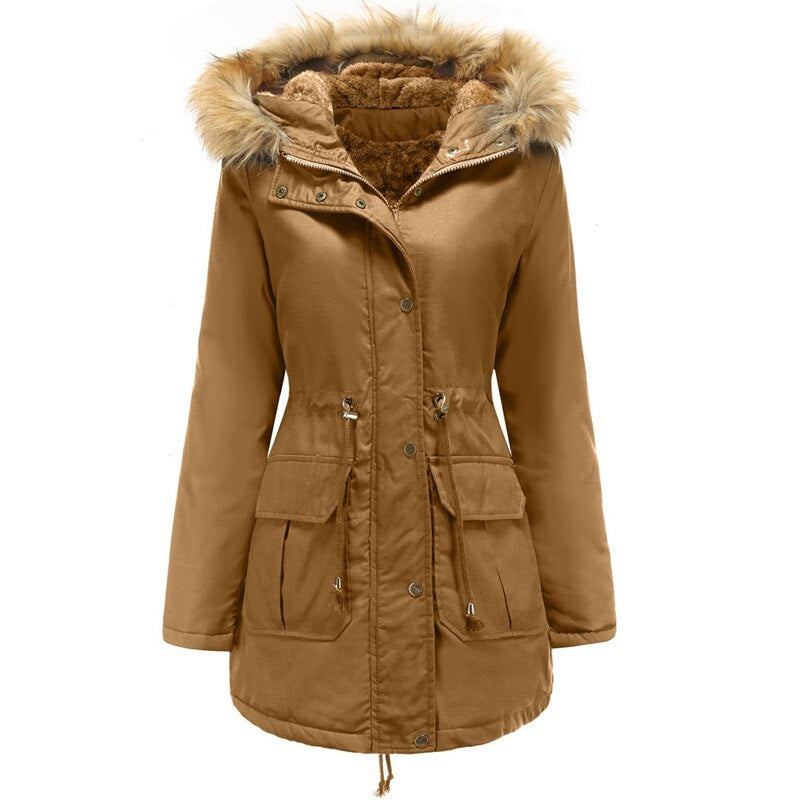 Veste à capuche col en fourrure en velours doublé medium hiver pour femme