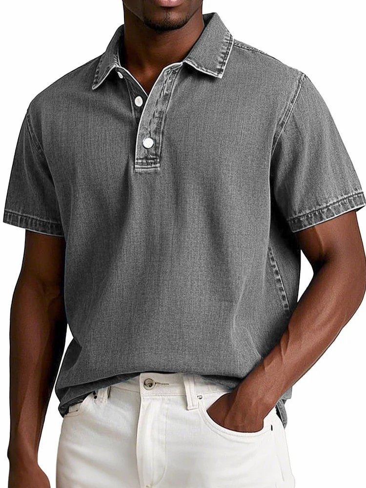 Polo couleur unie vintage manches courtes à revers décontracté pour homme