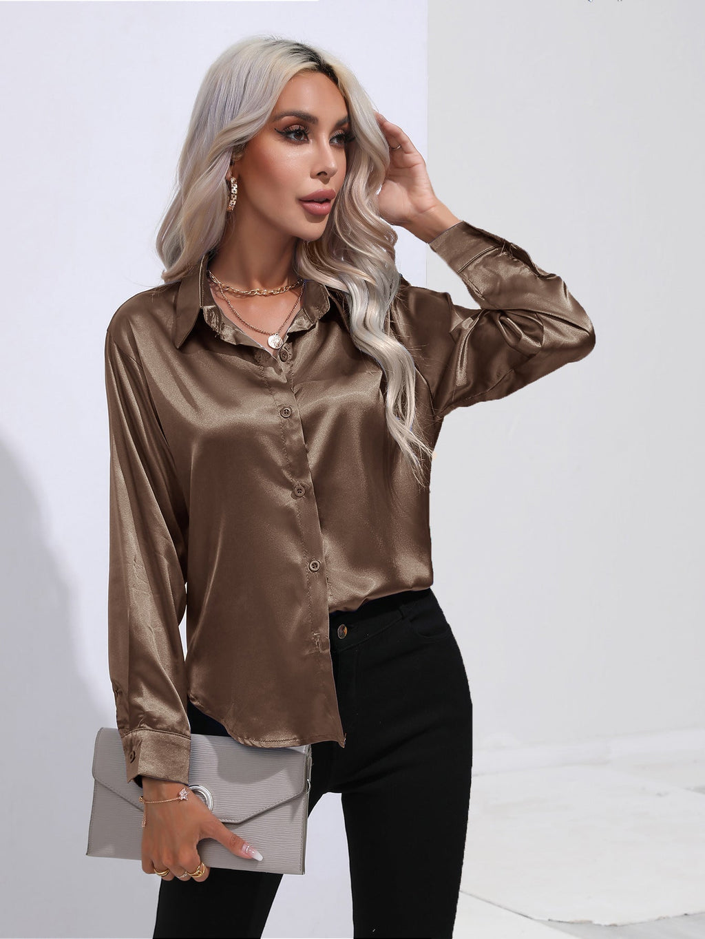 Women's Premium Satin Solid Color Button Front Lapel Blouse Shirt - LAKD London