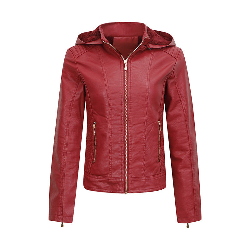 Veste peluche à capuche en cuir coupe ajustée hiver chaud pour femme