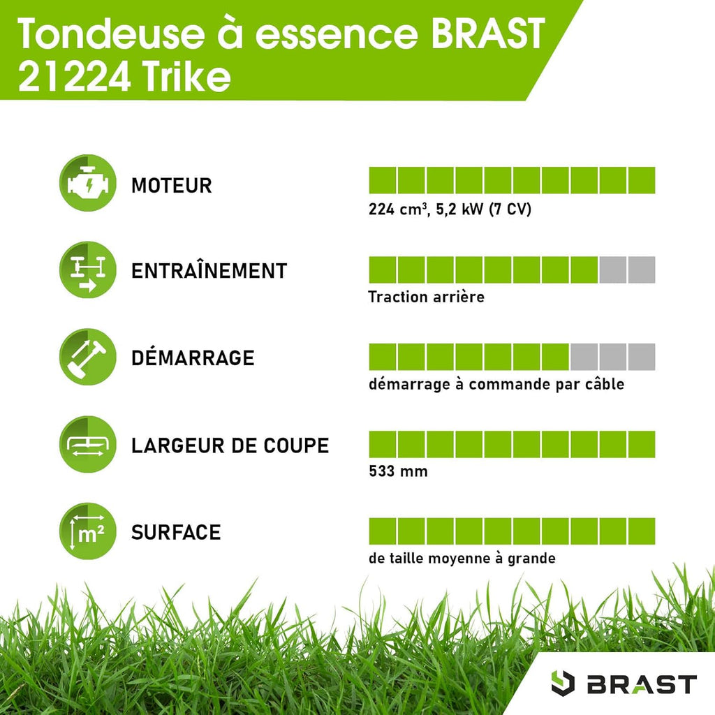 2026 BRAST tondeuse thermique 3 roues TRIKE E-START 224cc 53cm tractée démarrage électrique mulching 4en1 capot en tôle en acier 60l - moteur 4 temps de la marque française GT reglable
