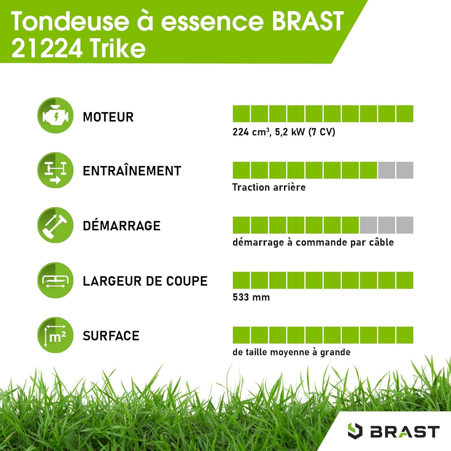 2026 BRAST tondeuse thermique 3 roues TRIKE E-START 224cc 53cm tractée démarrage électrique mulching 4en1 capot en tôle en acier 60l - moteur 4 temps de la marque française GT reglable