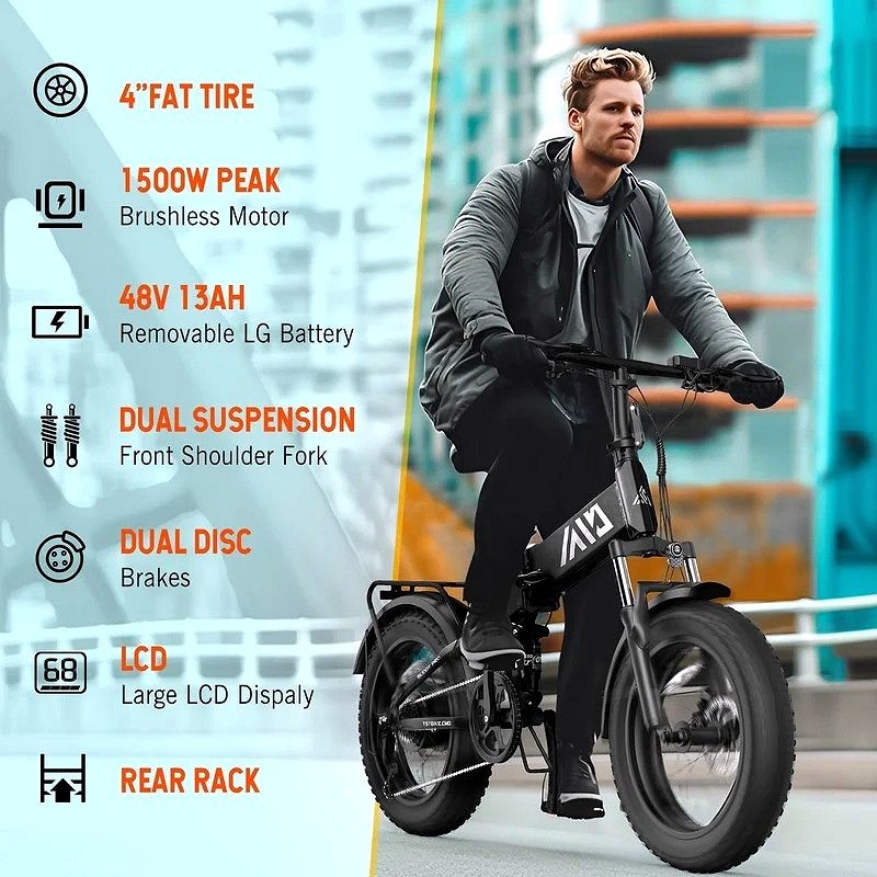 2026 Vélo électrique pliable TST Electric Bike 4.0 à pneus larges – 750 W, batterie 48 V 13 Ah