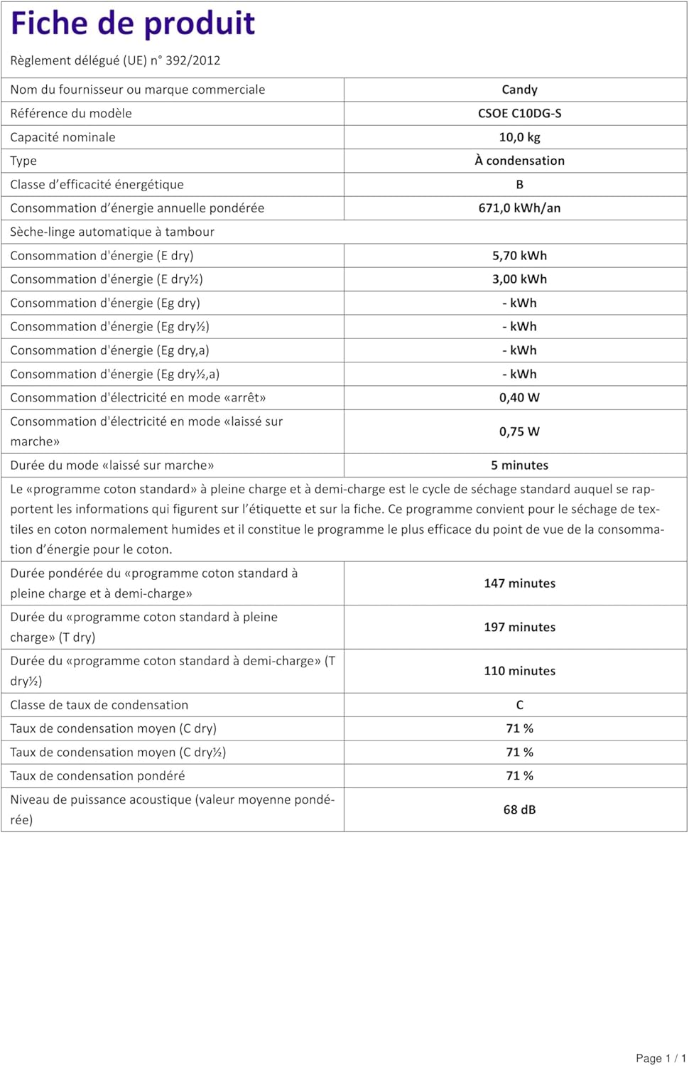 2026 CANDY Sèche linge Condensation CSOEC10DG-S