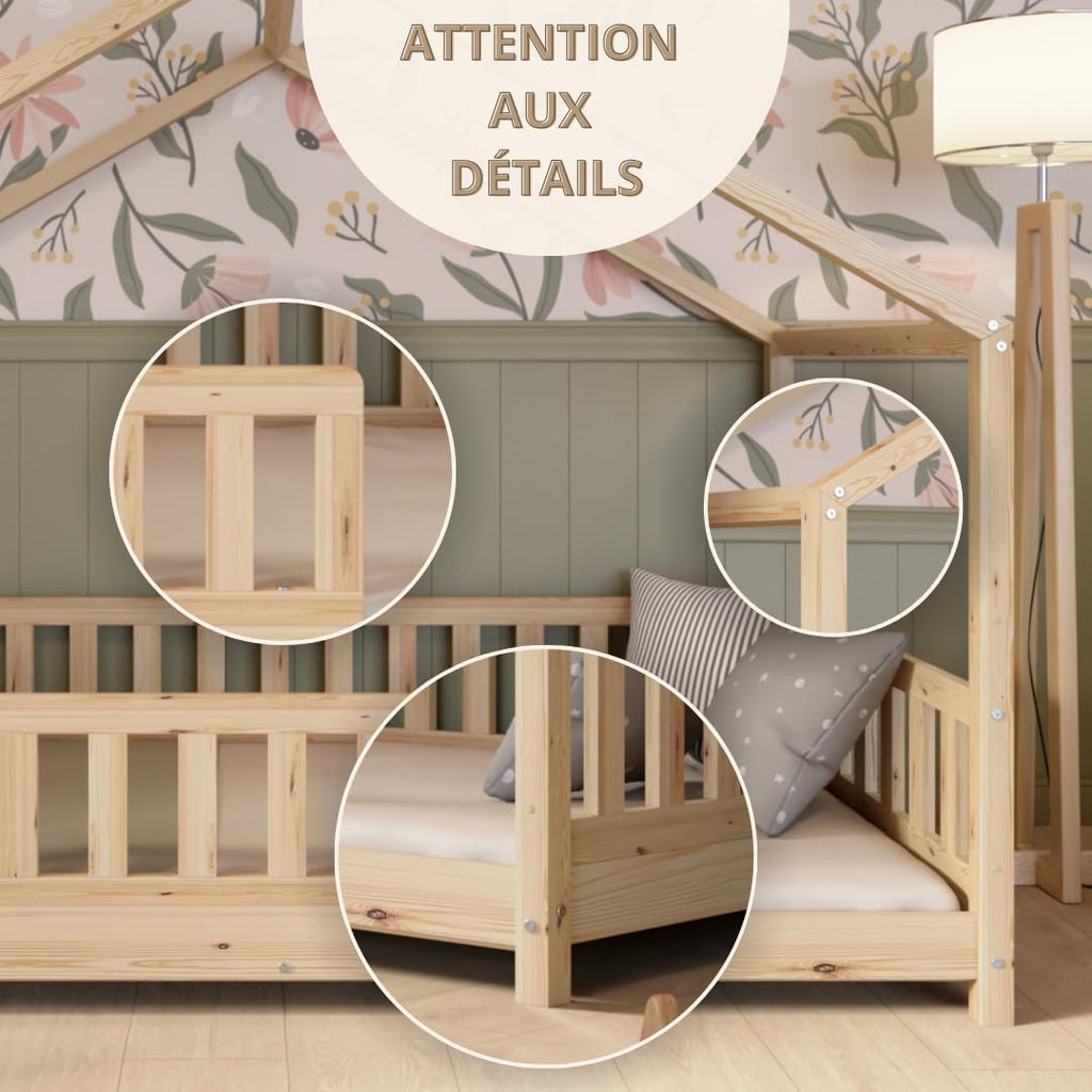 2026 Lit cabane Crazy Pine Crazy House avec tiroirs 190 x 90 cm &ndash; Lit enfant en bois naturel avec barri&egrave;re &ndash; Lit Montessori au sol avec rangement suppl&eacute;mentaire et barri&egrave;re amovible