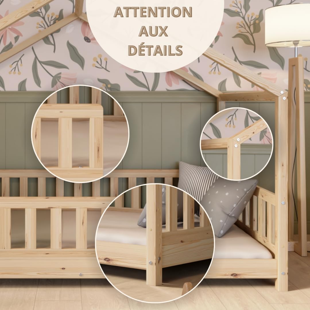 2026 Lit cabane Crazy Pine Crazy House avec tiroirs 190 x 90 cm &ndash; Lit enfant en bois naturel avec barri&egrave;re &ndash; Lit Montessori au sol avec rangement suppl&eacute;mentaire et barri&egrave;re amovible