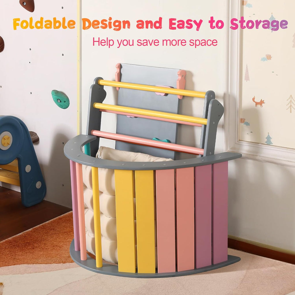 2026 Dreieck-Set mit Kissen, 5-in-1 Montessori-Kletterset, faltbar, Kletter-Indoor-Spielplatz-Set für Kleinkinder, Holz-Kletterspielzeug mit Rampe und Kletterbogen für Kinder (Holzfarbe)