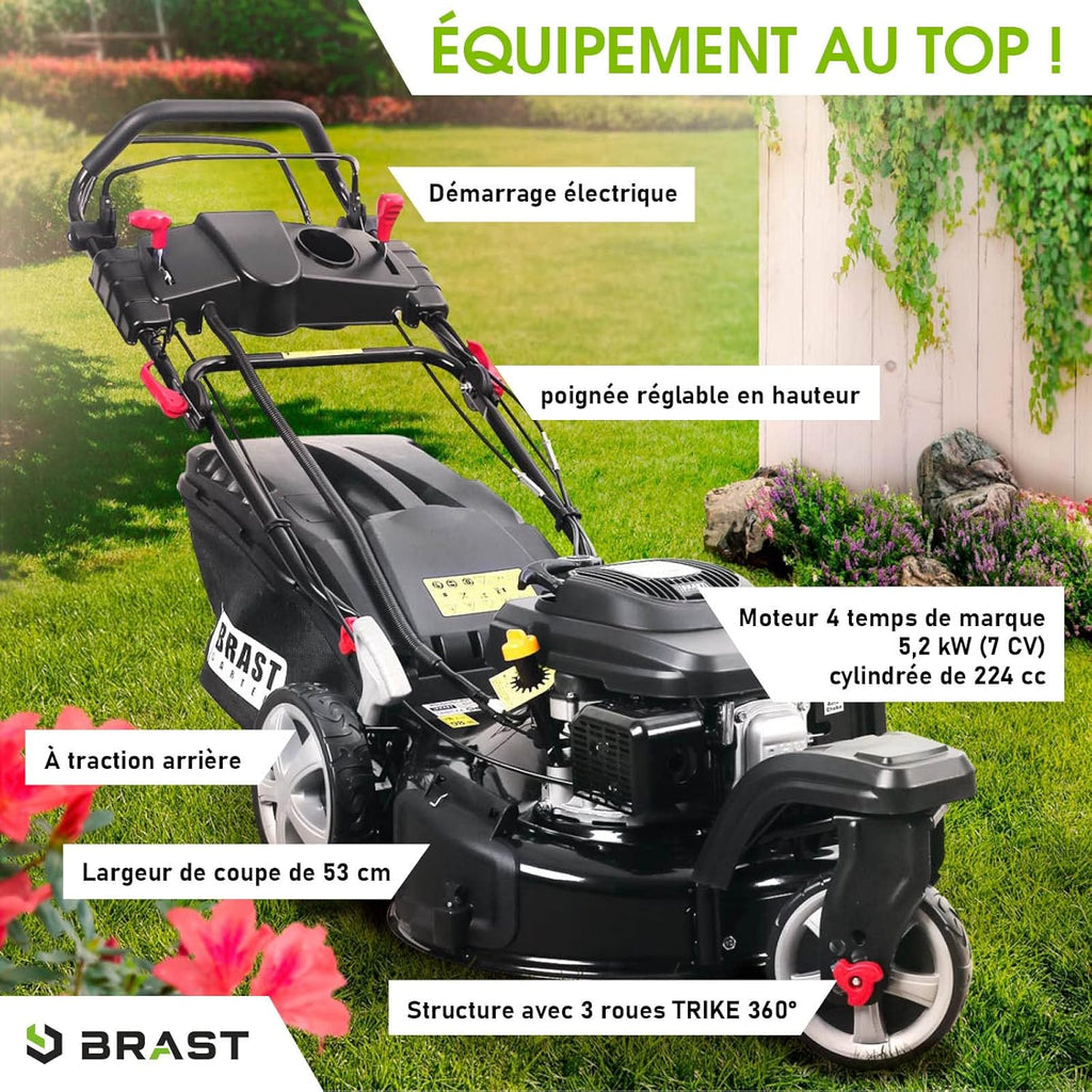 2026 BRAST tondeuse thermique 3 roues TRIKE E-START 224cc 53cm tractée démarrage électrique mulching 4en1 capot en tôle en acier 60l - moteur 4 temps de la marque française GT reglable