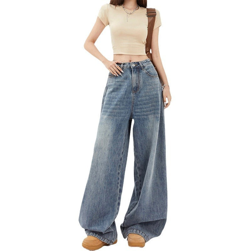 Jean taille haute jambes larges coupe ample en denim pour femme