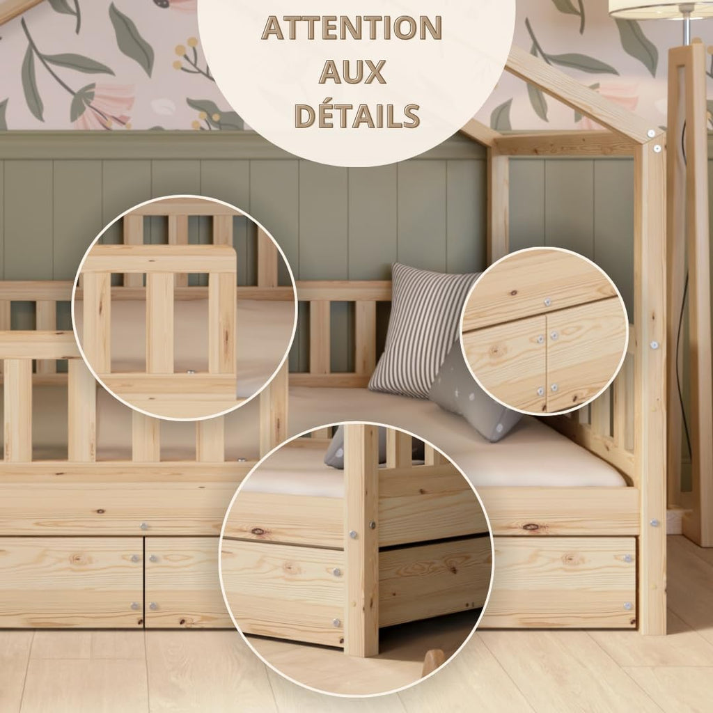 2026 Lit cabane Crazy Pine Crazy House avec tiroirs 190 x 90 cm &ndash; Lit enfant en bois naturel avec barri&egrave;re &ndash; Lit Montessori au sol avec rangement suppl&eacute;mentaire et barri&egrave;re amovible