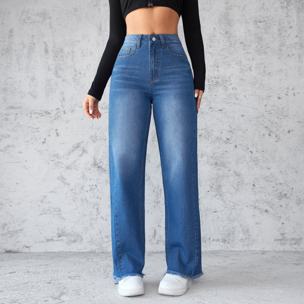Jean taille haute jambes larges en denim facile à porter décontracté pour femme